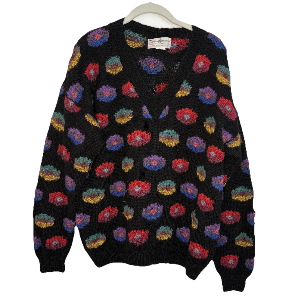 Vintage Peruvian Connection Sweater Womens Large Black Bright Floral *Flawed